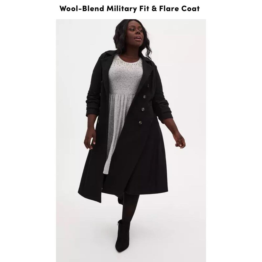 TORRID 3X 22 24 plus FIT FLARE MILITARY FIT COAT WOOL heavy Black Midi $129 NWT - Picture 3 of 16